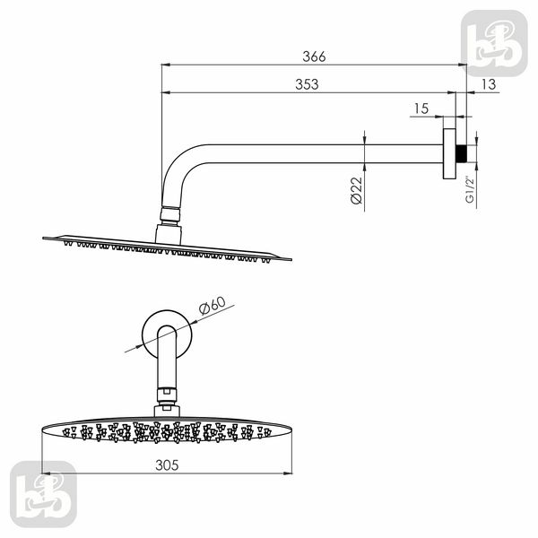 Черный Верхний душ лейка 30см, Volle CASCADA R100 1586.180204 1586.180204 фото