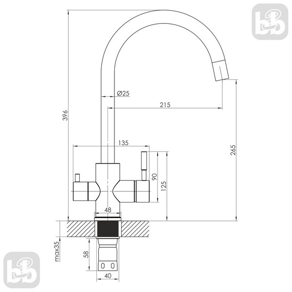 Imprese ARGO-S (сталь). Змішувач для кухні, на 2 води (215x265/35). f03409016FS f03409016FS фото