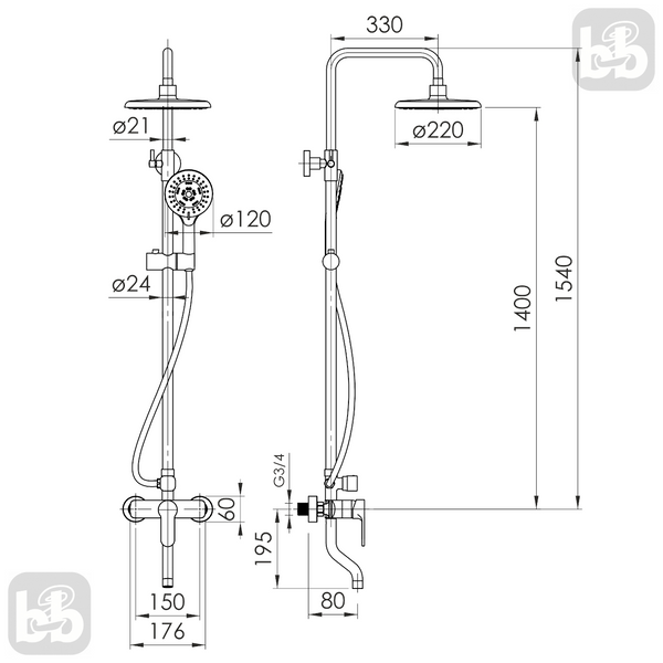 Imprese MODUS хром. Душова система Колонна, змішувач для ванни: h-140, d-22. t030B08201SR 91976 фото